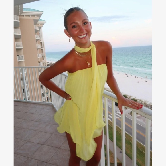 Pleated Off White Mini Dress Tie Neck Short A-Line Flared - Picture 14 of 16